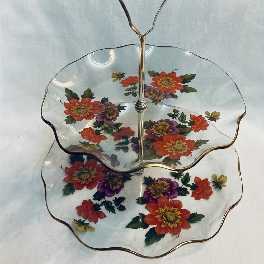 Vintage Two Tier Tidbit Candy Tray Ruffle Gold Edge Floral Glass